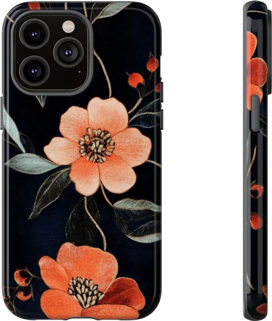 Glänzendes Blumenstickerei-Muster in Orange – Hülle Kompatibel mit iPhone 14 Pro Max