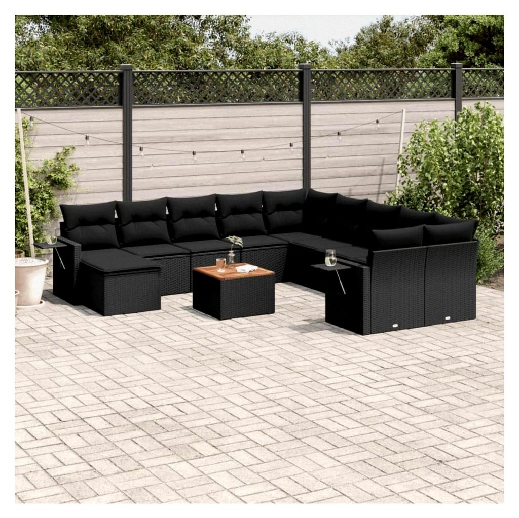 Gartenmöbel-Set, 14-teilig, mit Kissen aus Polyrattan, schwarz