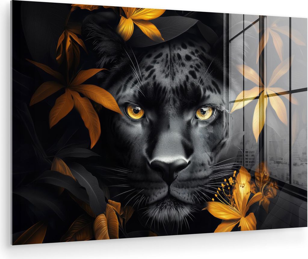 MuchoWow Glasbilder - Bilder auf Wandbild - Foto auf Glas Schwarzer Panther - Blumen - Gold - Natur - Feline 30x20 cm Wanddekoration aus Glas - Acr...
