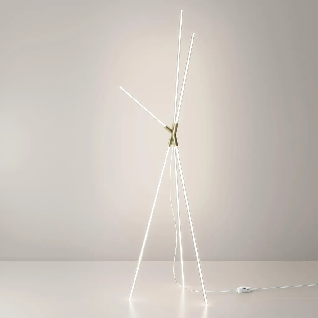 Luminaire de salon LED type lampadaire trépied doré en métal et polymère
