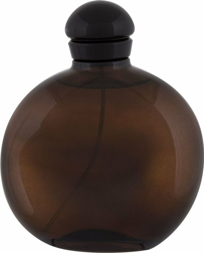 A brown glass perfume bottle with a black cap on a white background.