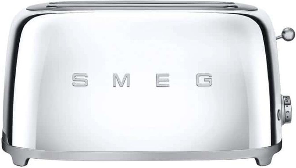 A front view of a chrome Smeg toaster.