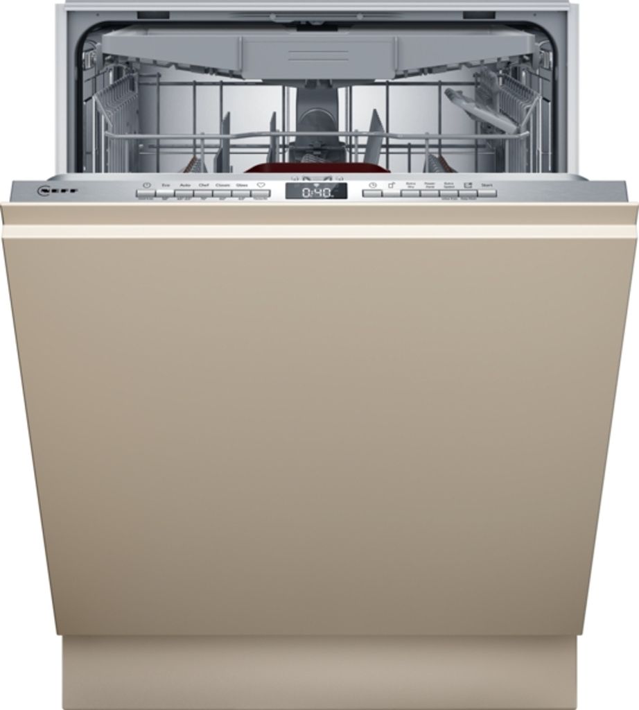 A fully integrated dishwasher with its door open, showing the interior racks and control panel.