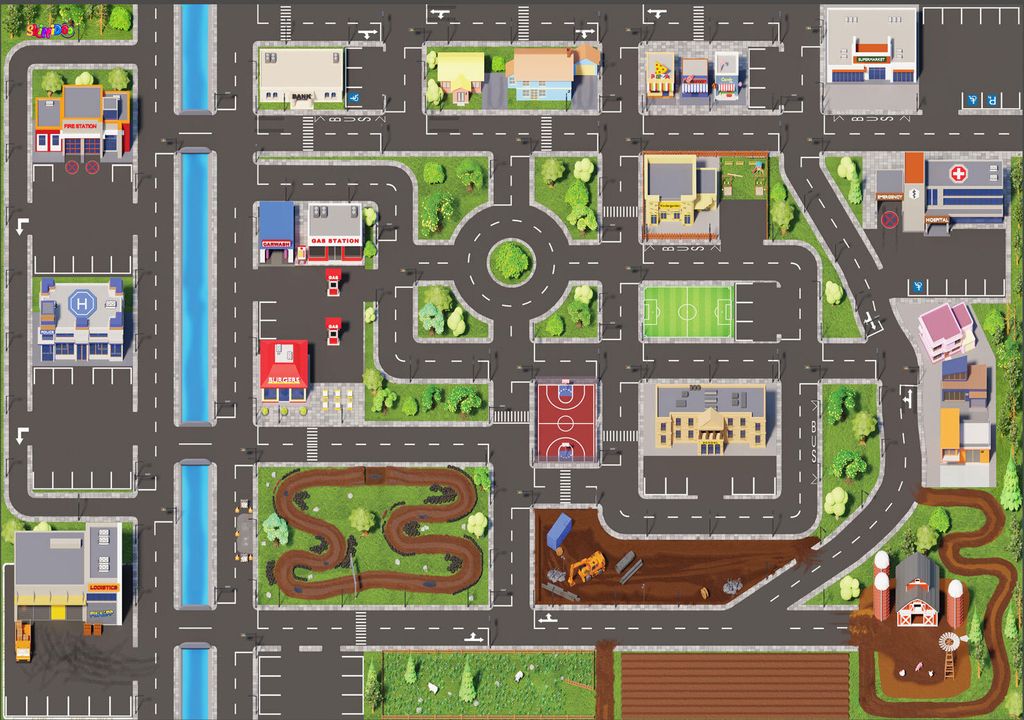 A bird's-eye view of a toy town playmat with roads, buildings, and various play areas.