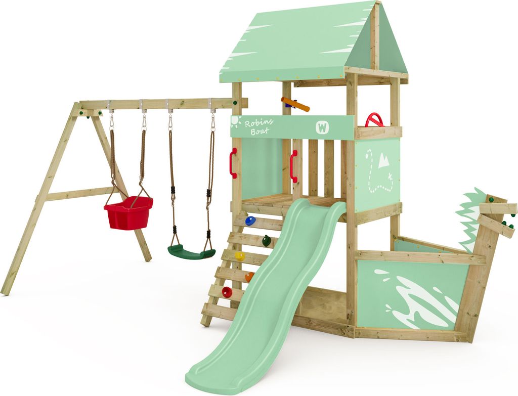 WICKEY Spielturm Klettergerüst DinkyHouse mit Schaukel & Rutsche, Kletterturm mit Sandkasten, Leiter & Schiffsnase – pastellgrün