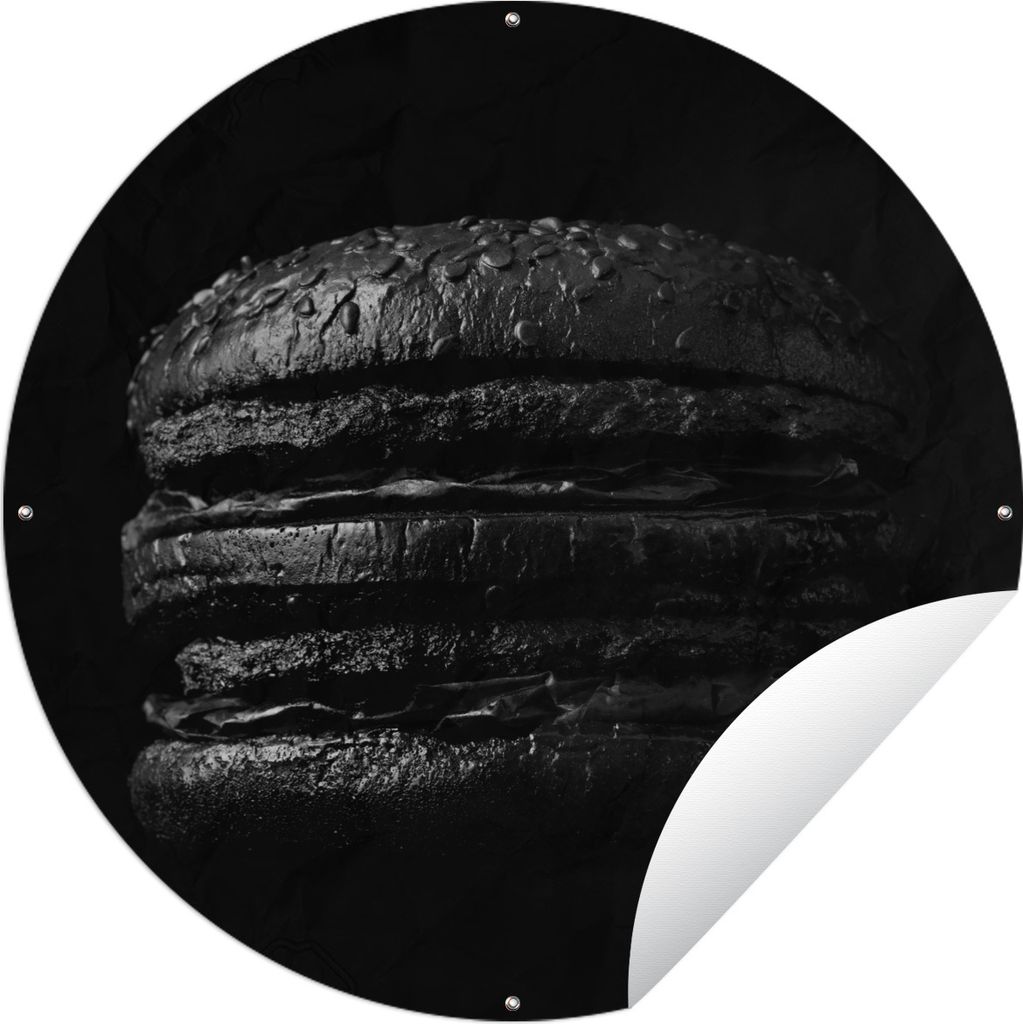 MuchoWow Gartenposter Outdoor-Poster Rund Hamburger auf schwarzem Hintergrund in schwarz und weiß Ø 90 cm Gartendeko Rundes Poster draußen
