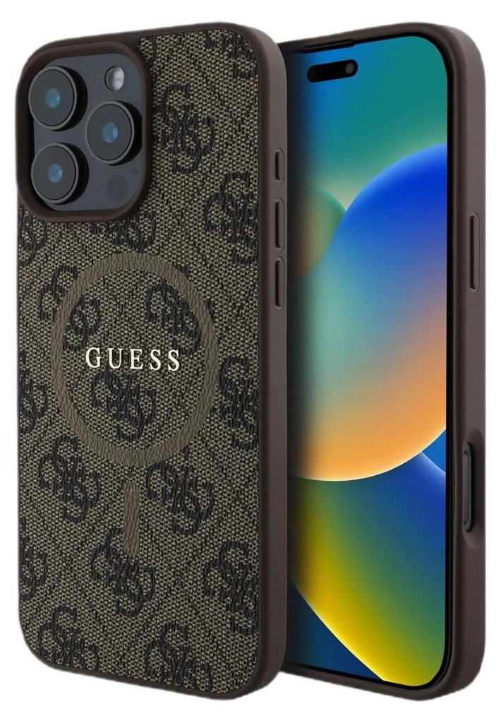 A close-up shot of an iPhone case with a repeating Guess logo pattern, placed next to an iPhone.