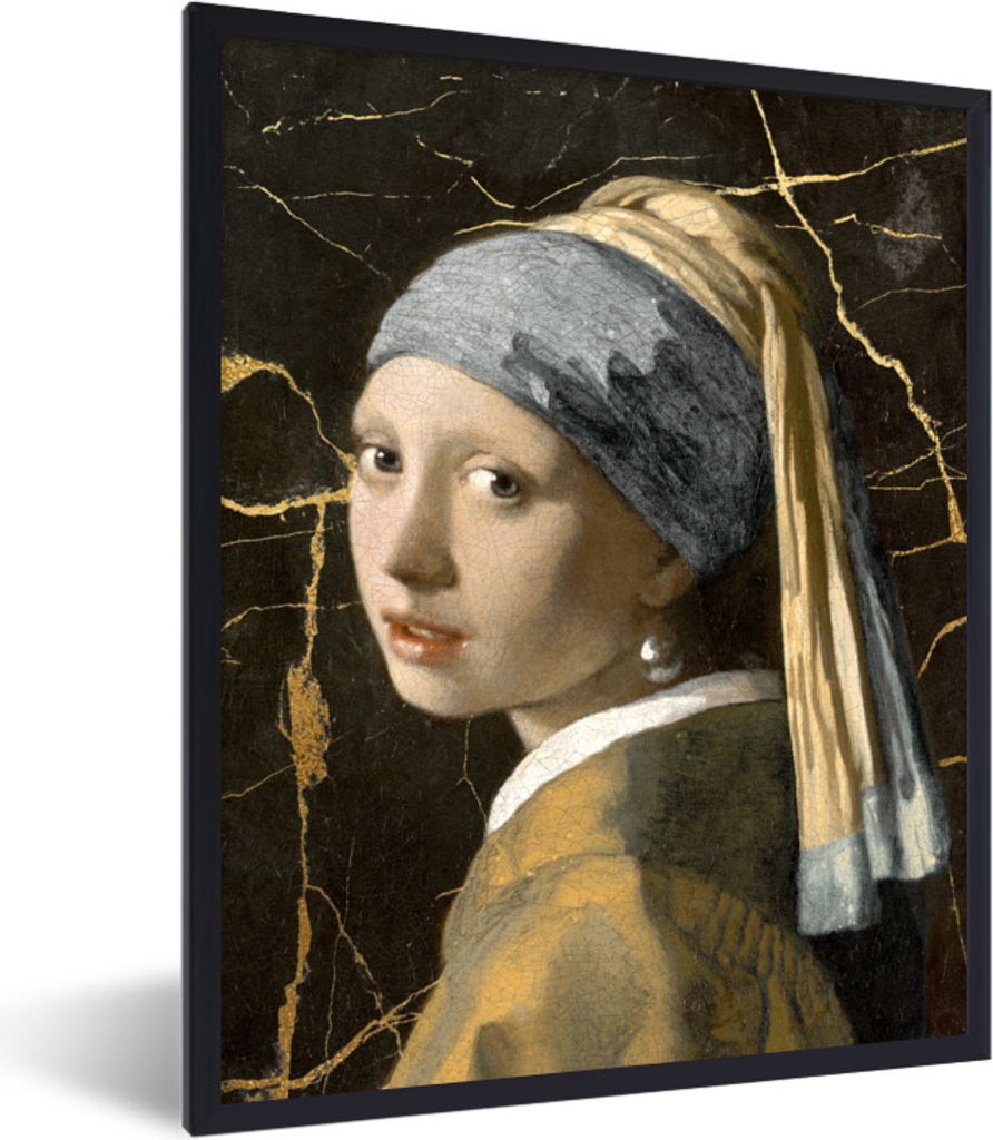 MuchoWow Gerahmtes Poster Mädchen mit einem Perlenohrring - Alte Meister - Marmor 60x80 cm - Poster mit Schwarzem Bilderrahmen Wandposter Rahmen...