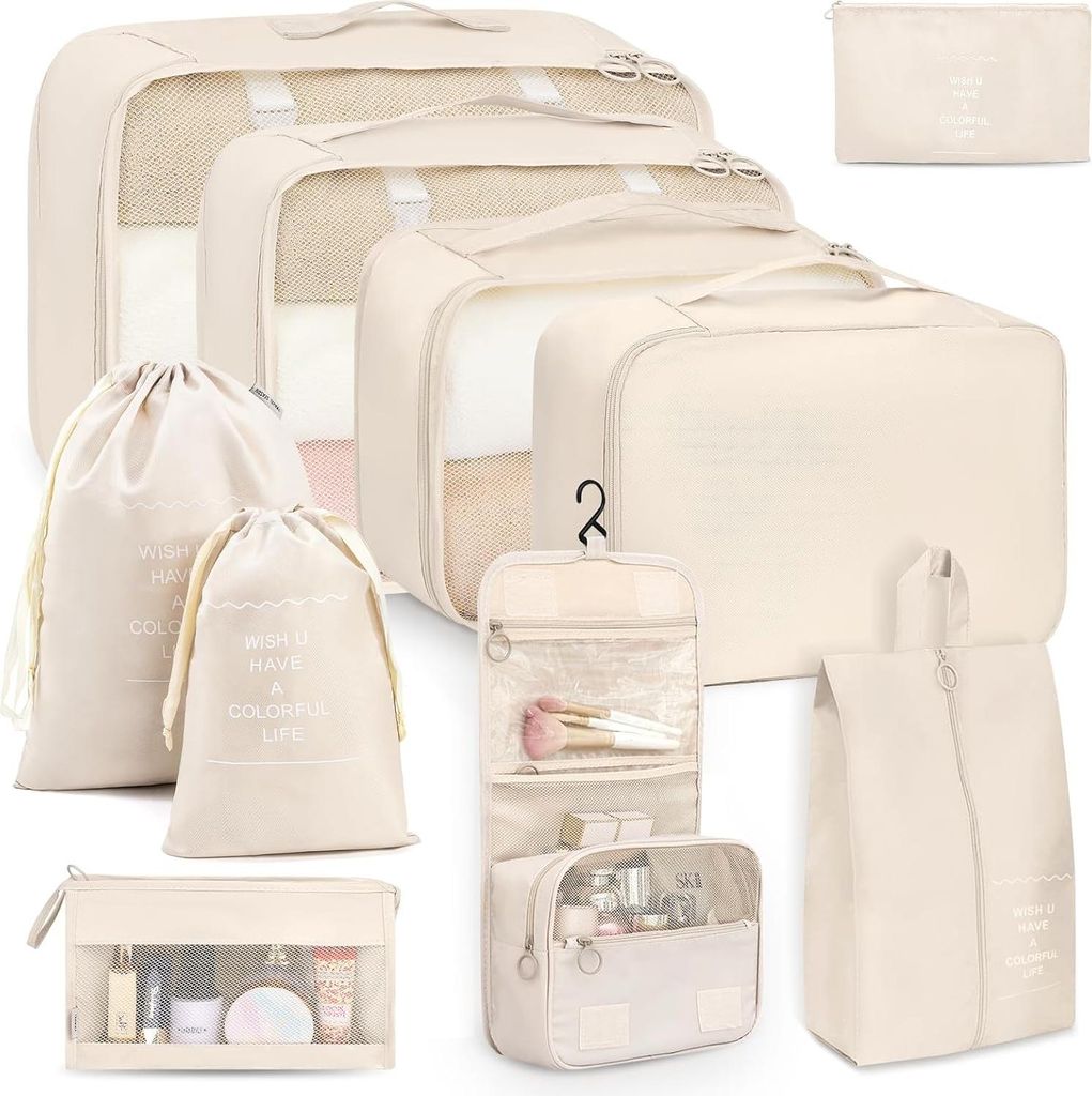 Wasserdichte Gepäckverpackungsorganisatoren - 10 Stück Würfel für Koffer - Reisen und Handgepäck - beige