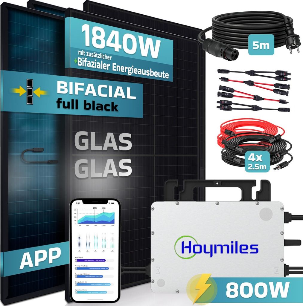 SUNNIVA 1840W Balkonkraftwerk BIFAZIAL FULLBLACK komplett Steckdose HOYMILES 800W Wechselrichter, PV Solaranlage, 5m Kabel, Bluetooth WIFI