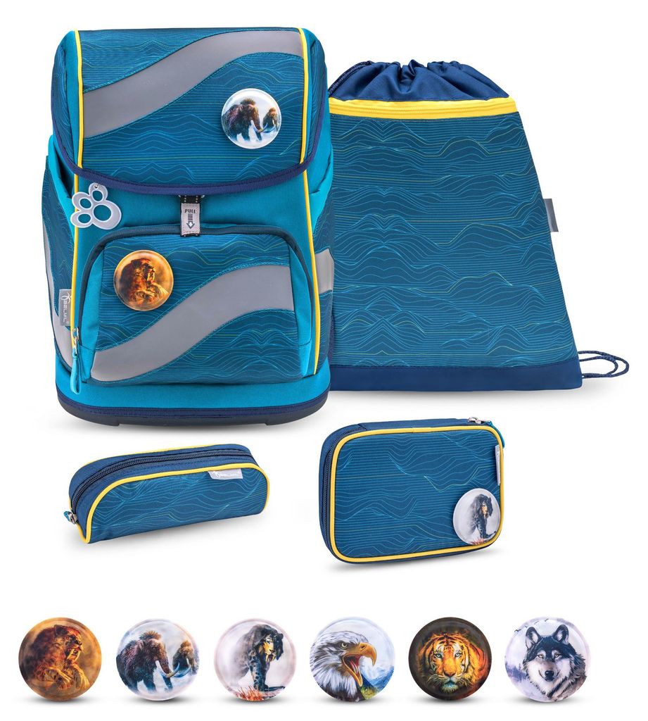 Belmil Smarty ergonomisches Schulranzen Set 5-teilig "Waves Orange" mit Brustgurt, Hüftgurt, Magnetverschluss, Patch Set 6 Stück