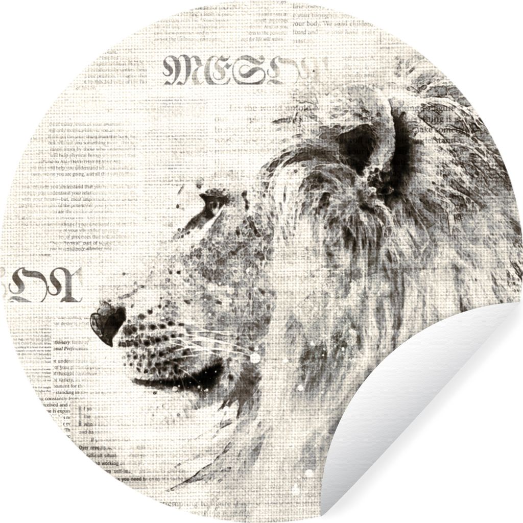 MuchoWow Runde Wandtattoo - Wandsticker Tapete Aufkleber Löwe - Zeitung - Schwarz - Weiß Ø 100 cm Selbstklebend und Repositionierbar - Wandauf...