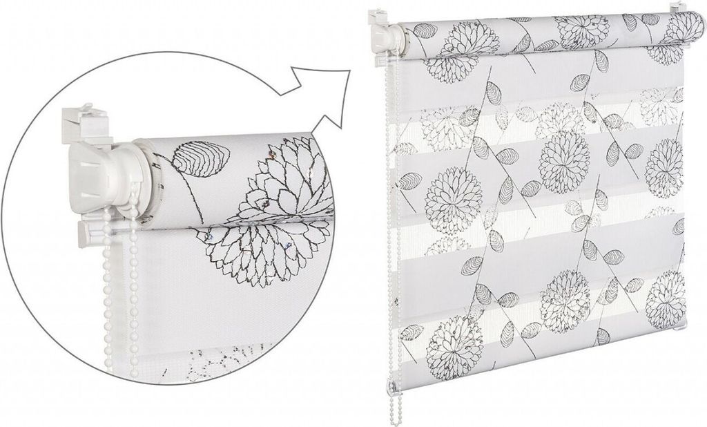 Doppelrollo mit Pailetten und Blumenmuster weiss/schwarz 115x150cm