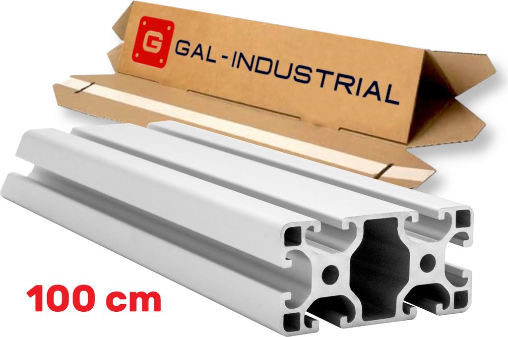 A silver aluminum profile extrusion is shown with packaging in the background and a length indicator.