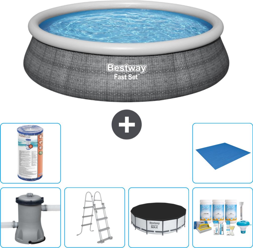 Bestway runder aufblasbarer Fast-Set-Schwimmpool – Rattan-Druck – 457 x 107 cm – inklusive Pumpe – Leiter Abdeckung - Wartungspaket - Filte...