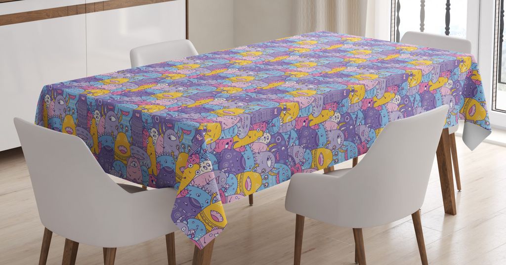 ABAKUHAUS Lächeln Lustige Gekritzel Tischdecke, Glückliche Monster, Druck mit Klaren Farben ohne Verblassen Waschbar für innen oder Außen Berei...