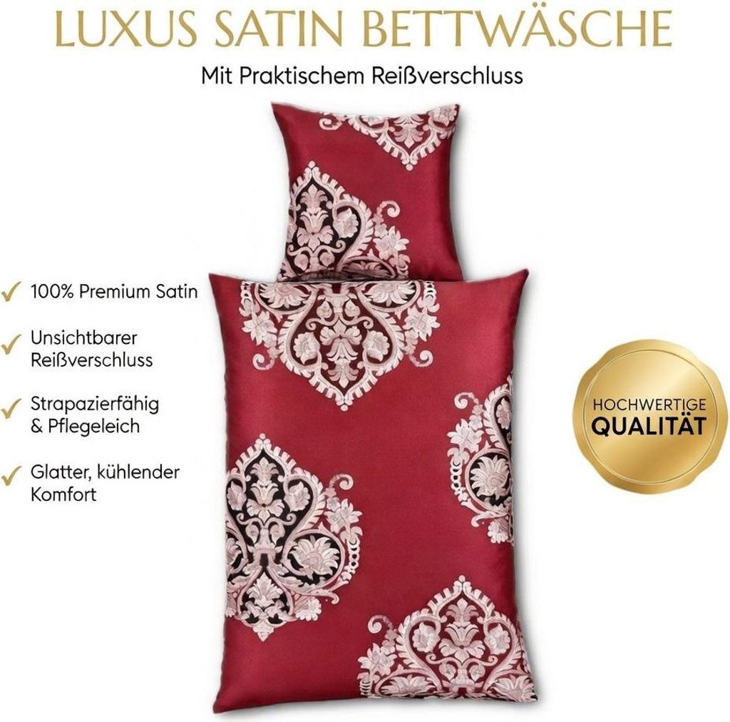 Satin Bettwäsche Baumwolle Ornamente Rot 155x220 80x80cm: 4tlg.