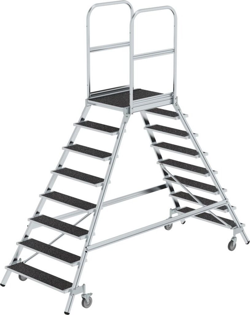 Podesttreppe beidseitig begehbar mit Federrolle | Korundbeschichtung R13 | 8 Stufen | Rutschsichere Leiterschuhe