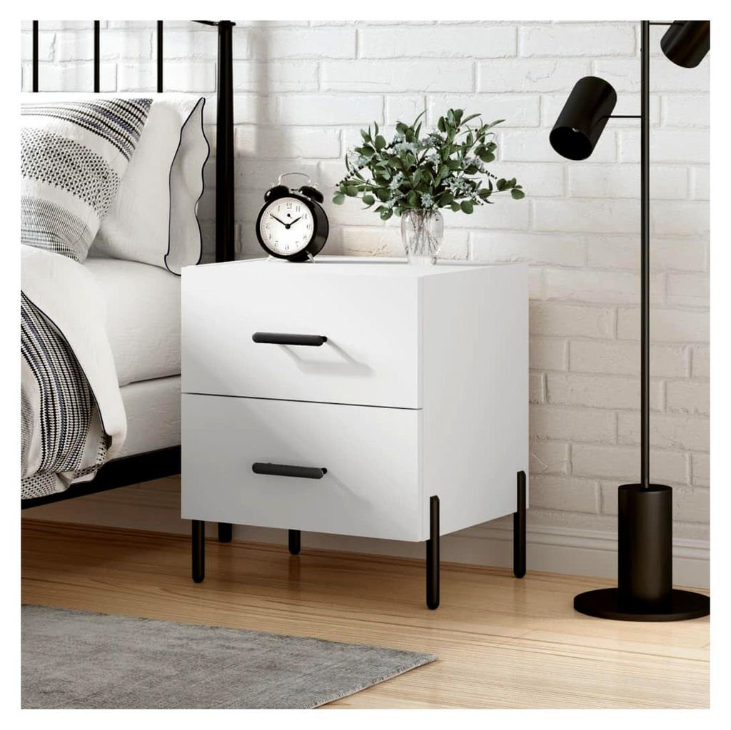 Nachttisch 44x40x47,5cm Weiß, Holzwerkstoff, Eisen, Kleiner Schrank, Beistelltisch Holz, Schrank im Industrie-Stil, Nachttisch Schmal, Bedside Table