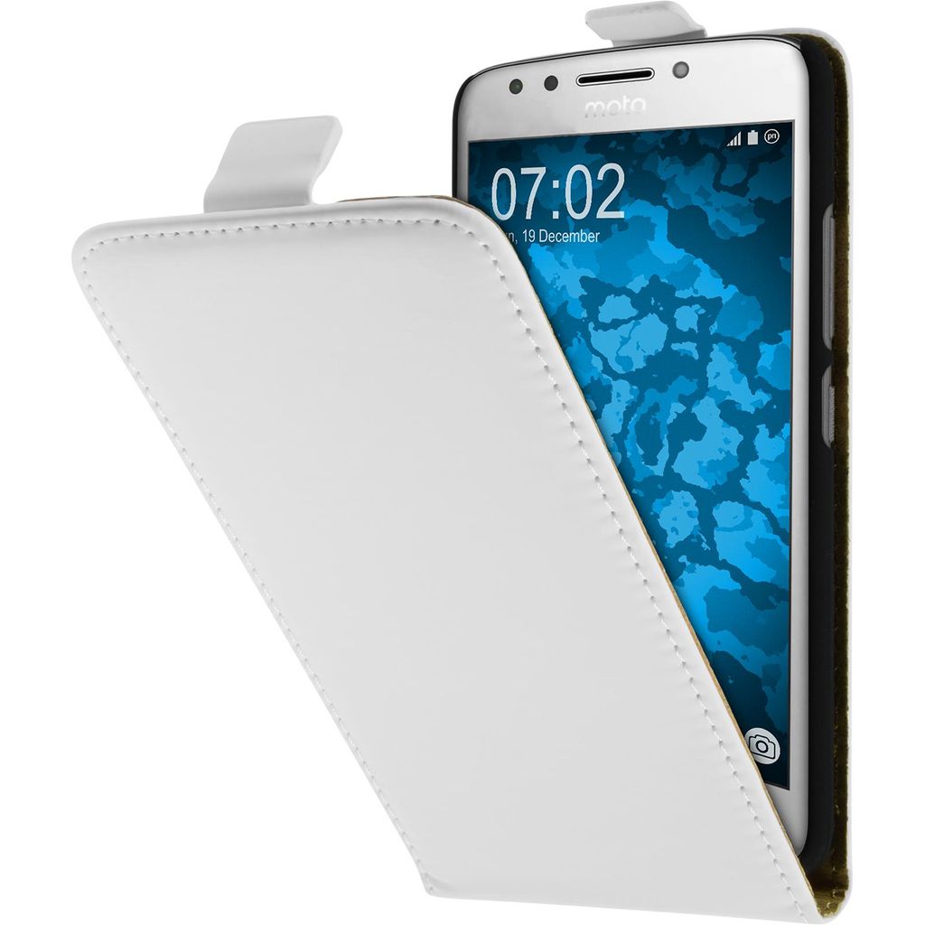 PhoneNatic Kunst-Lederhülle kompatibel mit Lenovo Moto E4 (EU Version) - Flip-Case weiß + 2 Schutzfolien