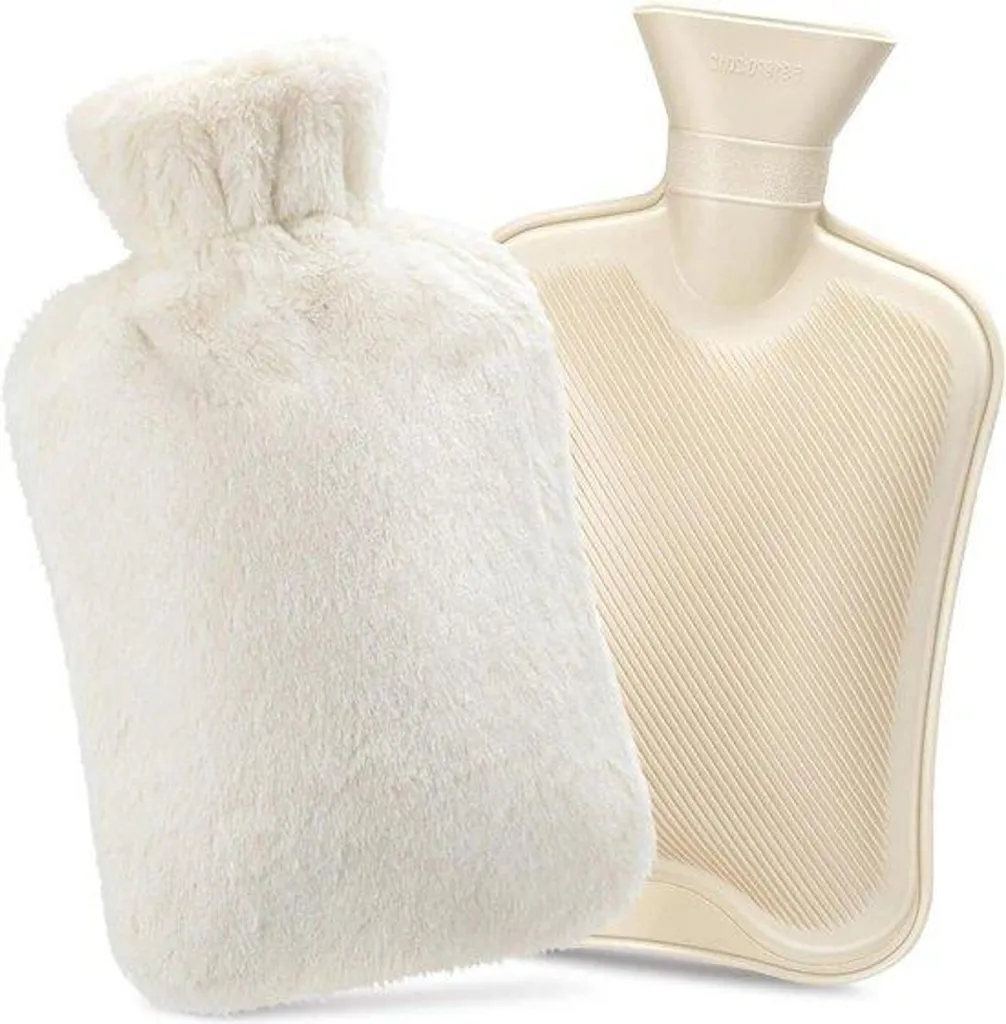 Bouillotte de massage et relaxation 2L, housse fourrure blanche douce
