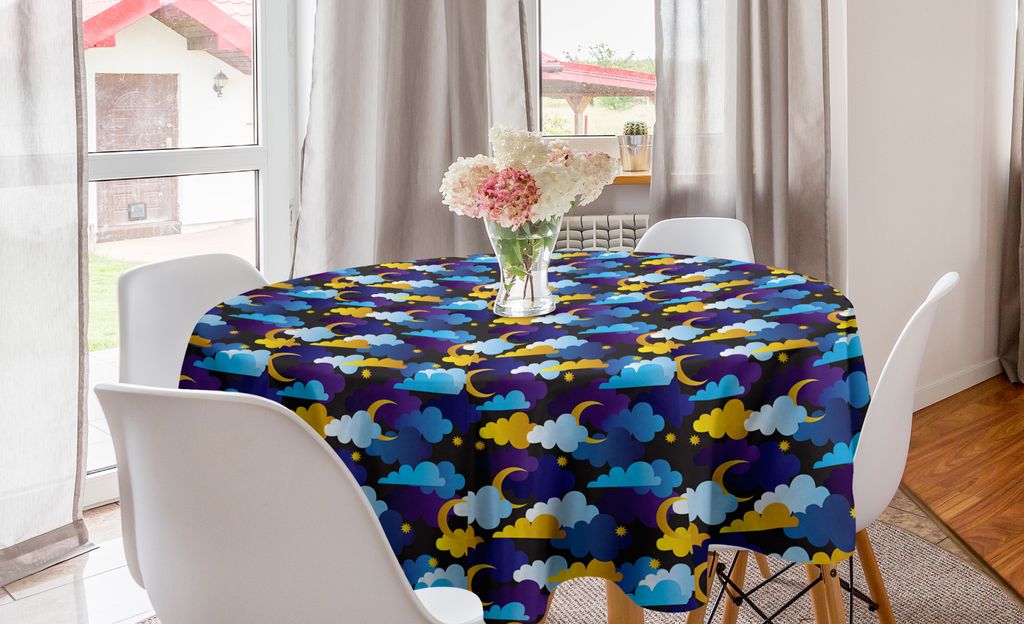 ABAKUHAUS Nacht Runde Tischdecke, Schlaf-Thema Cloud und Mond, Kreis Tischdecke Abdeckung für Esszimmer Küche Dekoration, 150 cm, Mehrfarbig