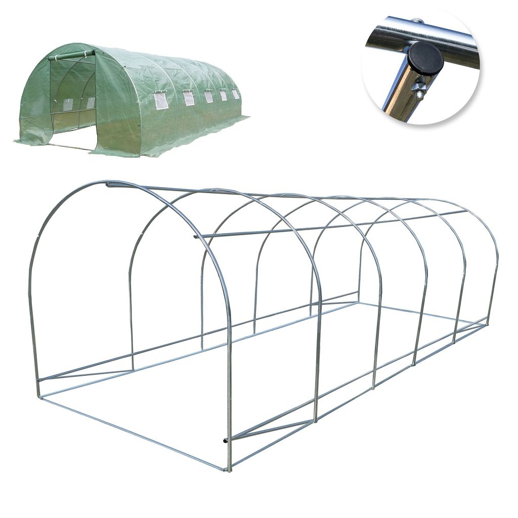 A greenhouse frame and a completed greenhouse.
