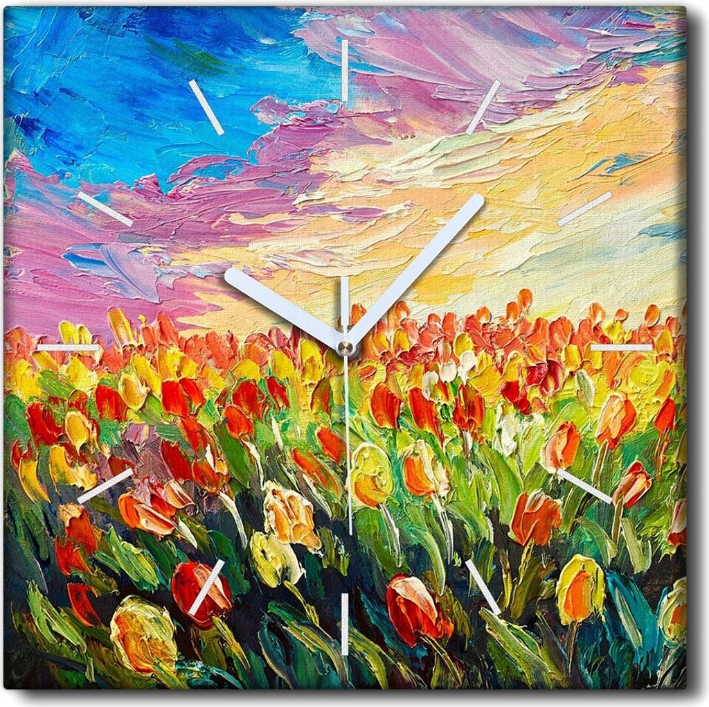 Coloray Uhr auf Leinwand 30x30 cm Wand Uhr Dekoration Wohnzimmer Segeltuch weiße Zeiger -Tulpenblumen