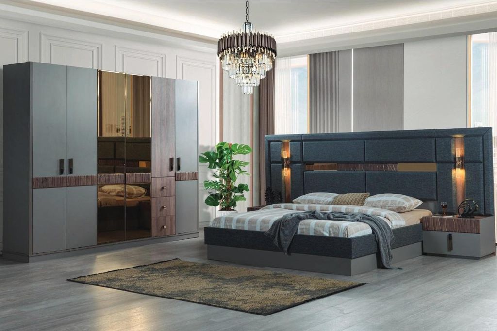 Graues Schlafzimmer Komplettes Set Bett 2x Nachttische Kleiderschrank