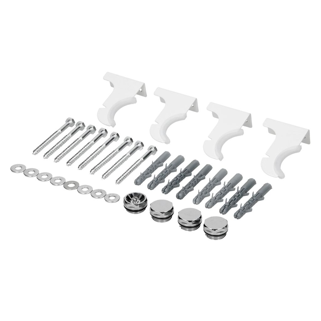 A collection of radiator mounting hardware and accessories, including brackets, screws, wall plugs, and caps, laid out on a white background.
