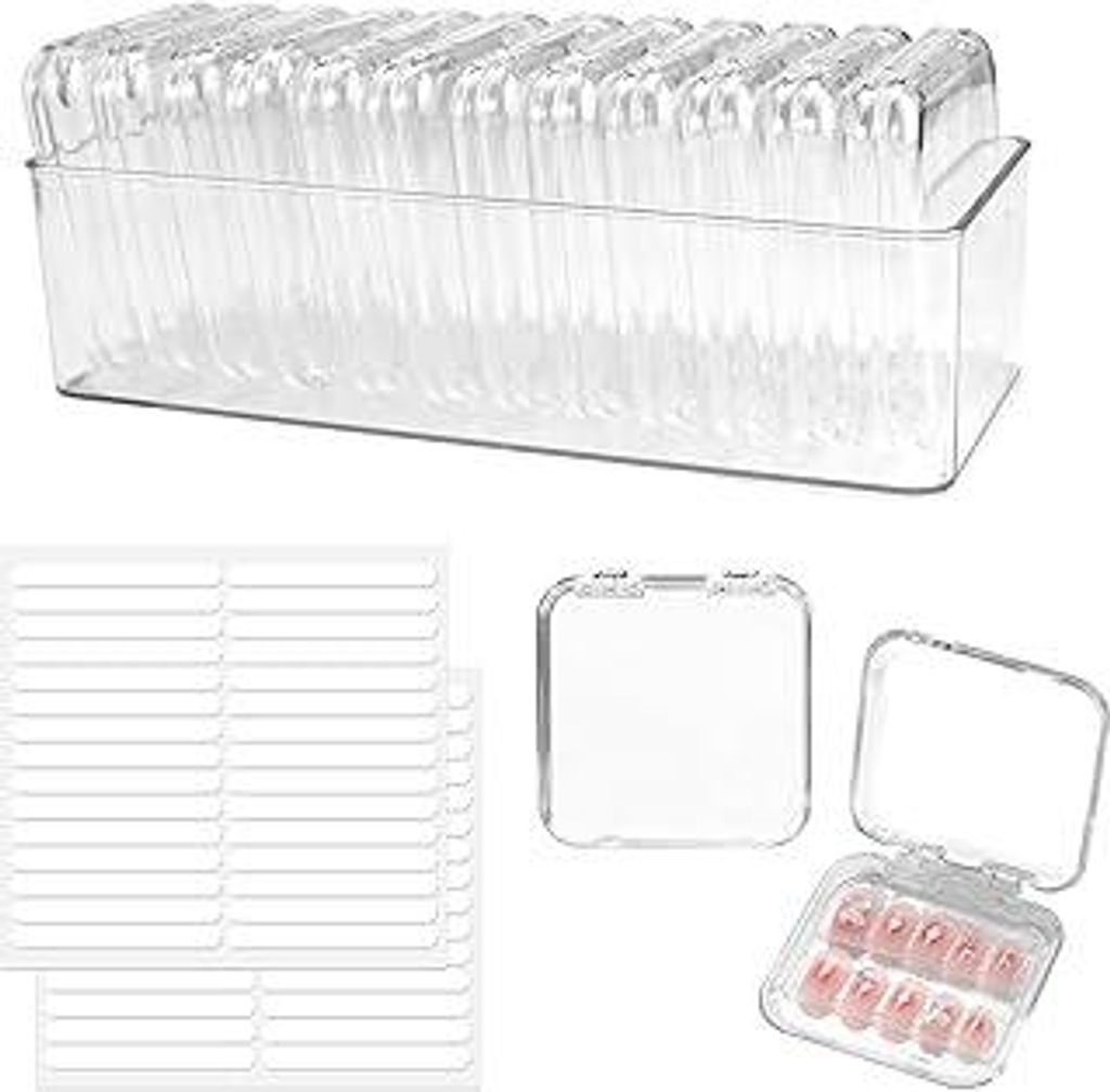 12 Stück Aufbewahrungsbox der Nägel 8,5 X 8,5cm, Press on Nails Storage Box Enthält 60 Doppelseitige Klebestreifen und Eine Große Aufbewahrungs...