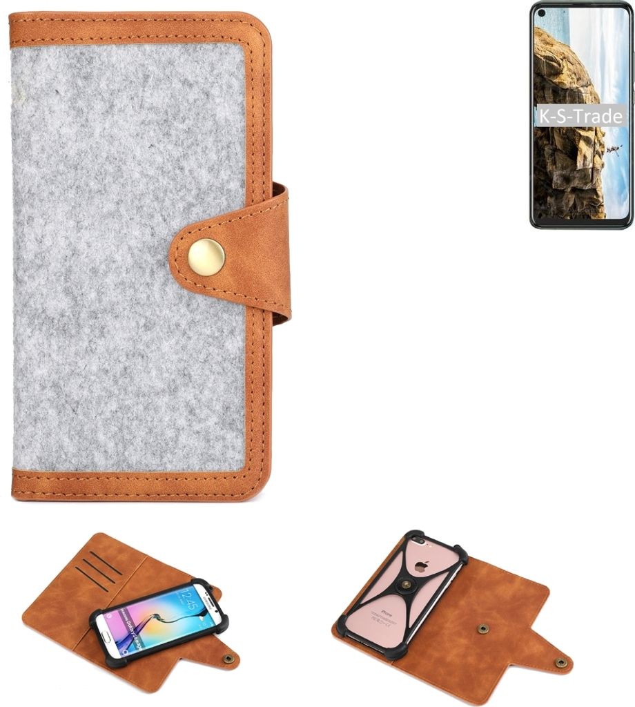 K-S-Trade Handyhülle kompatibel mit HTC U20 5G Schutzhülle Filz-Hülle Kunst-Leder hellgrau braun (1x)