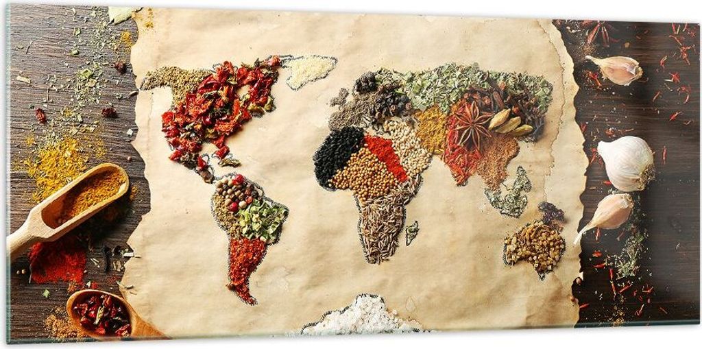 Bilder auf glas - Welt Karte Gewürze Farben - 120x50cm - Glasbilder - Wandbilder - Kunstdruck - zum Aufhängen bereit - Wanddekoration aus Glas - ...