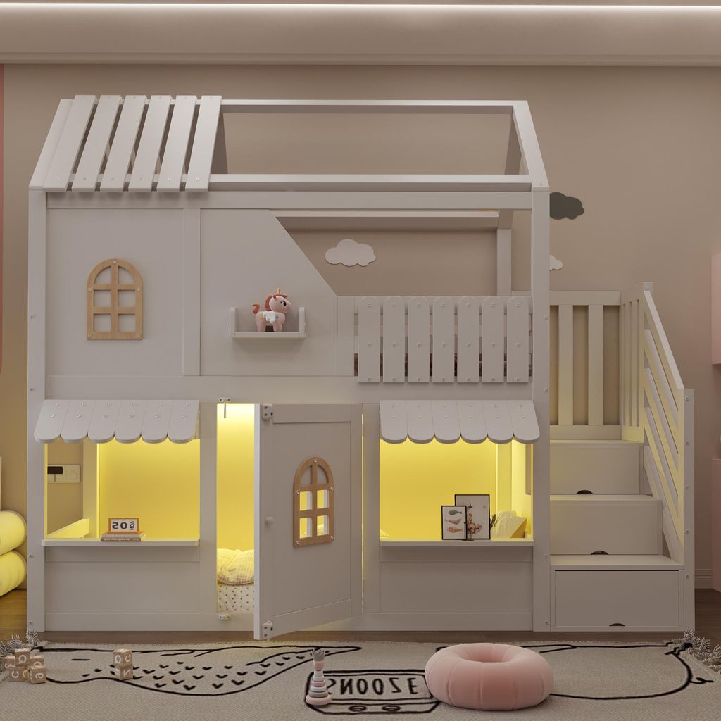 Flieks Etagenbett 90x200cm mit Led, Kinderbett Hausbett mit Produktbild 