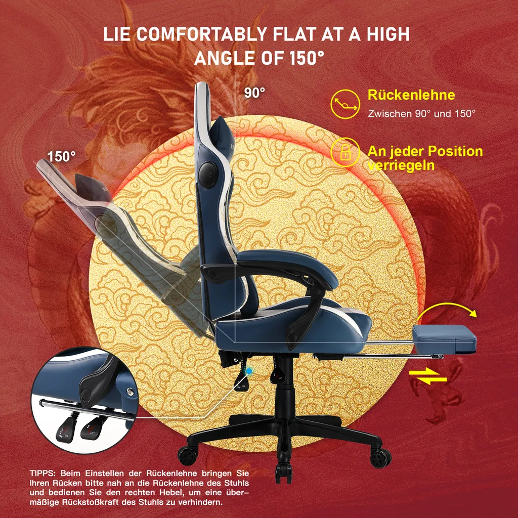 GTPLAYER Dragon Chaise de Jeu Bluetooth avec Repose-pieds Ergonomique Bleu