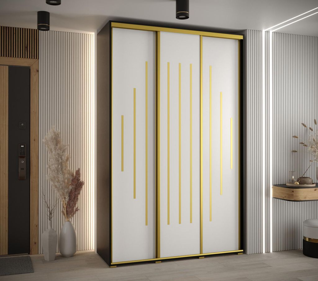 Kleiderschrank YVONA 12 – 160/60 cm, schwarz/weiß/gold