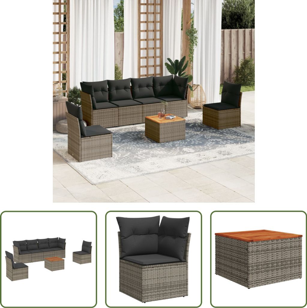 The Living Store 7-tlg. Garten-Sofagarnitur mit Kissen Grau Poly Rattan