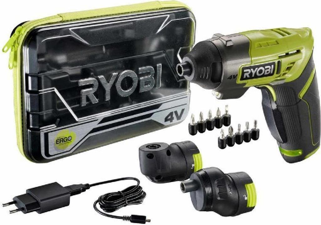 A Ryobi 4V screwdriver set with accessories and a case, laid out on a white background.