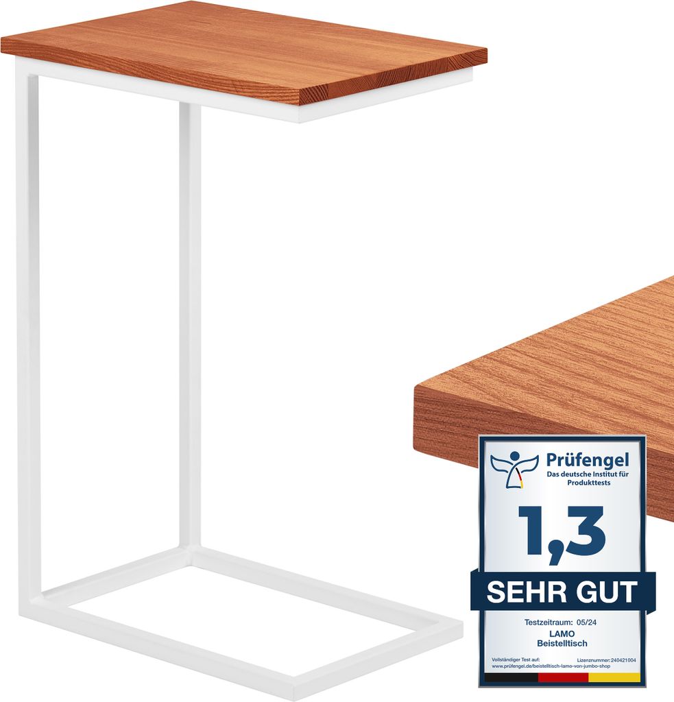 LAMO Manufaktur Beistelltisch | Laptoptisch | Sofatisch | mobiler Kaffeetisch | Nachttisch | 50x35x67 cm | Gestell Weiß | 100% Echtholz Massiv Pla...