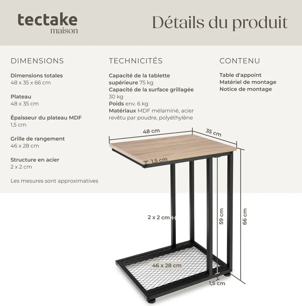 Table d'appoint industrielle ETON 48x35 cm avec plateau chêne Sonoma