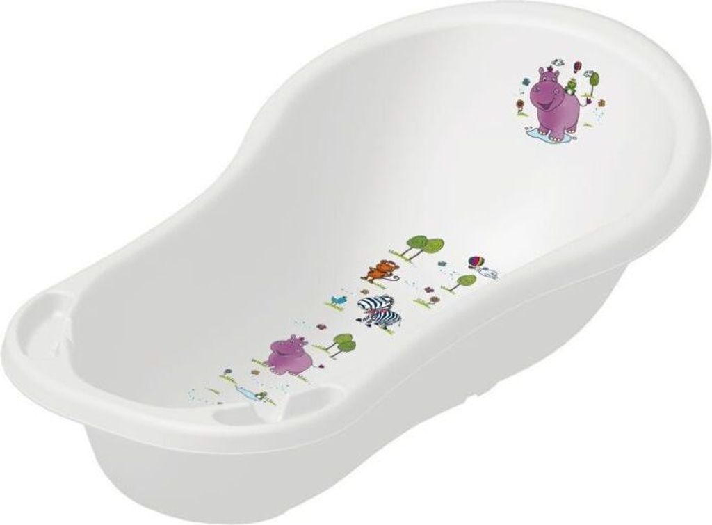 A white plastic baby bathtub with cartoon animal decals.