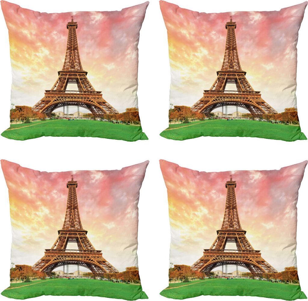 ABAKUHAUS Eiffelturm Kissenbezug Set (4 Stück), Europäische Zeichen, Moderner Doppelseitiger Digitaldruck, 50 cm x 50 cm, Coral Brown