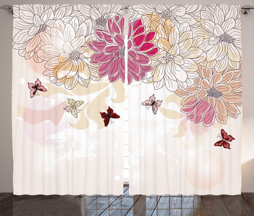 ABAKUHAUS Blumen Rustikaler Gardine, Frühlingsblume Schmetterling, Schlafzimmer Kräuselband Vorhang mit Schlaufen und Haken, 280 x 225 cm, Rosa C...