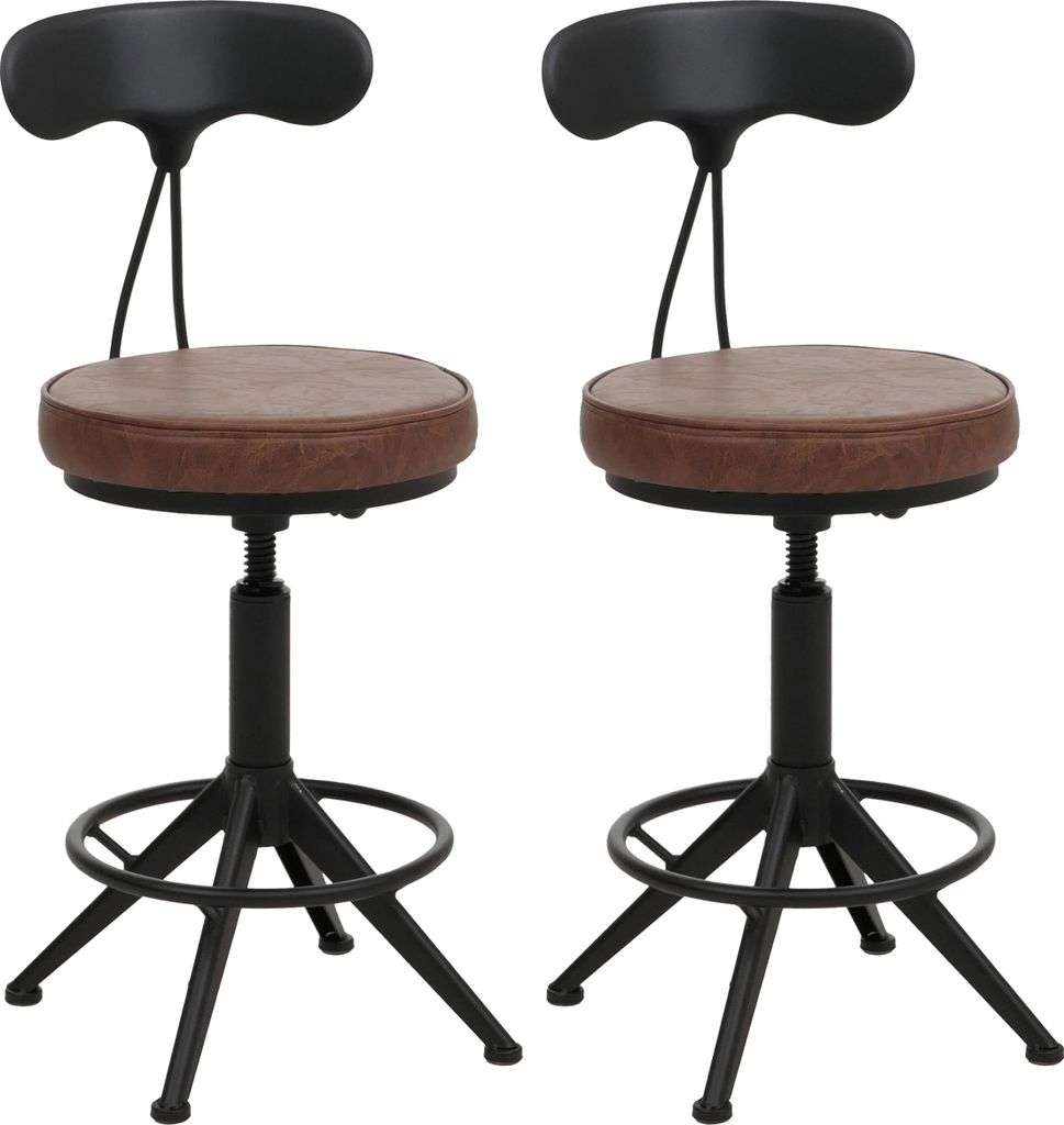 Two industrial-style bar stools with brown faux leather seats and black metal bases are shown against a white background.