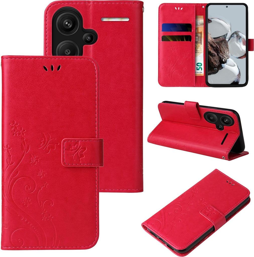 Handyhülle für Xiaomi Redmi Note 13 Pro+ 5G Floral Blumen Schmetterling Flip Cover Hülle Case Klapphülle Handytasche Farbe: Rot