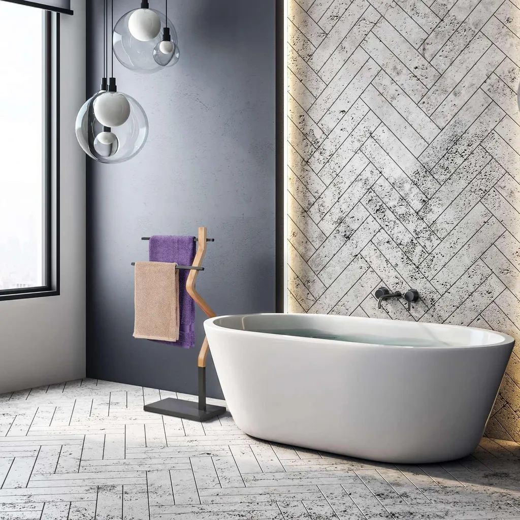 Porte-serviettes sur pied gris et bois naturel - Modèle Duo Loft 80cm