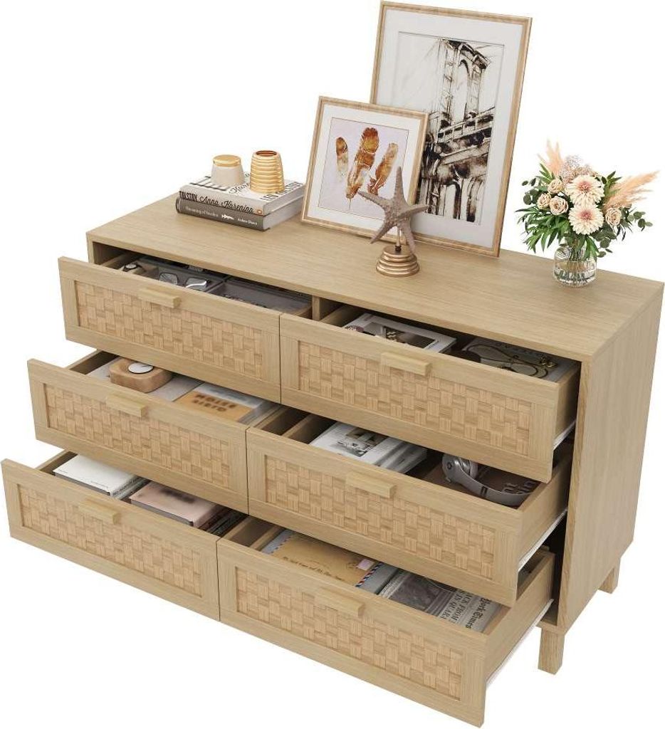 AIORBER Elegantes Sideboard und Kommode aus Naturholz mit sechs Schubladen, Schlafzimmerschrank mit viel Stauraum, Schubladen in Rattanoptik.
