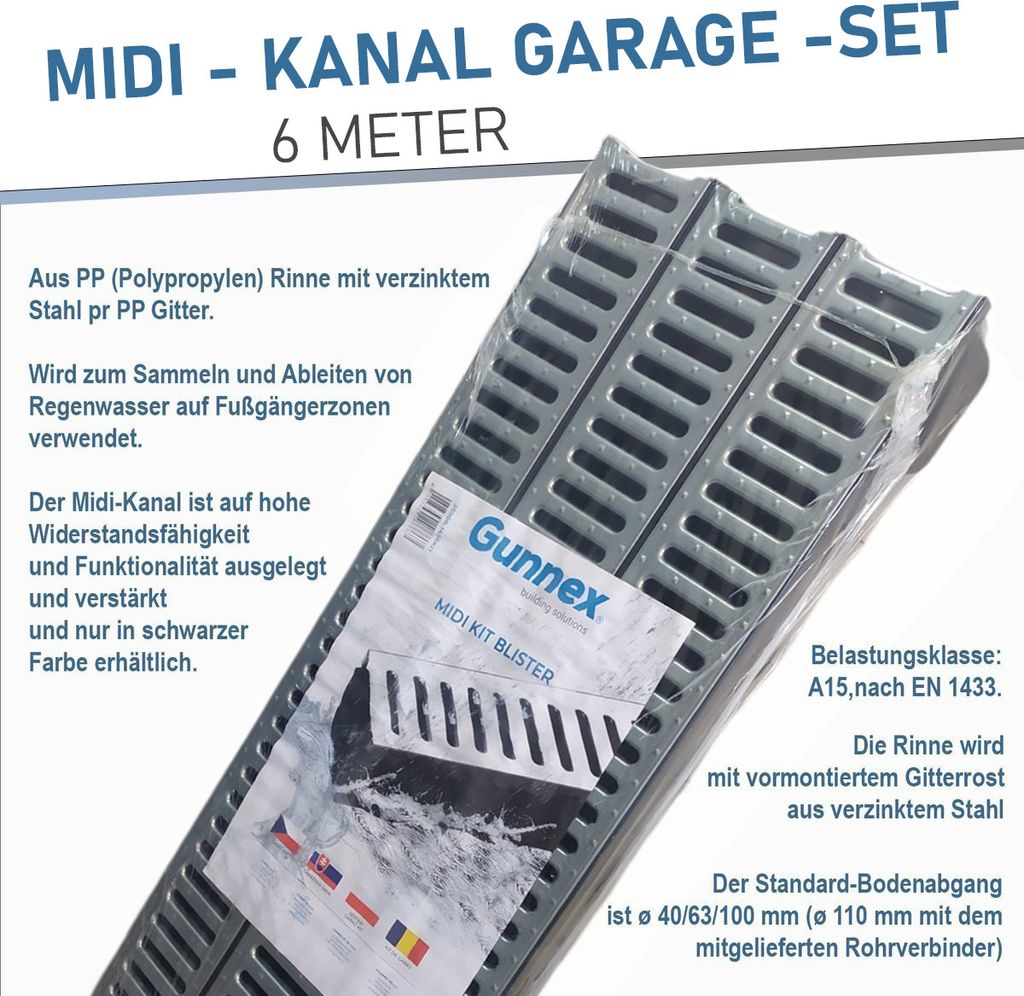 Entwässerungsrinne STAHL A15 Garage-Set 6 Meter Kit Midi-Kanal Rinne DAKOTA GUNNEX (6m)