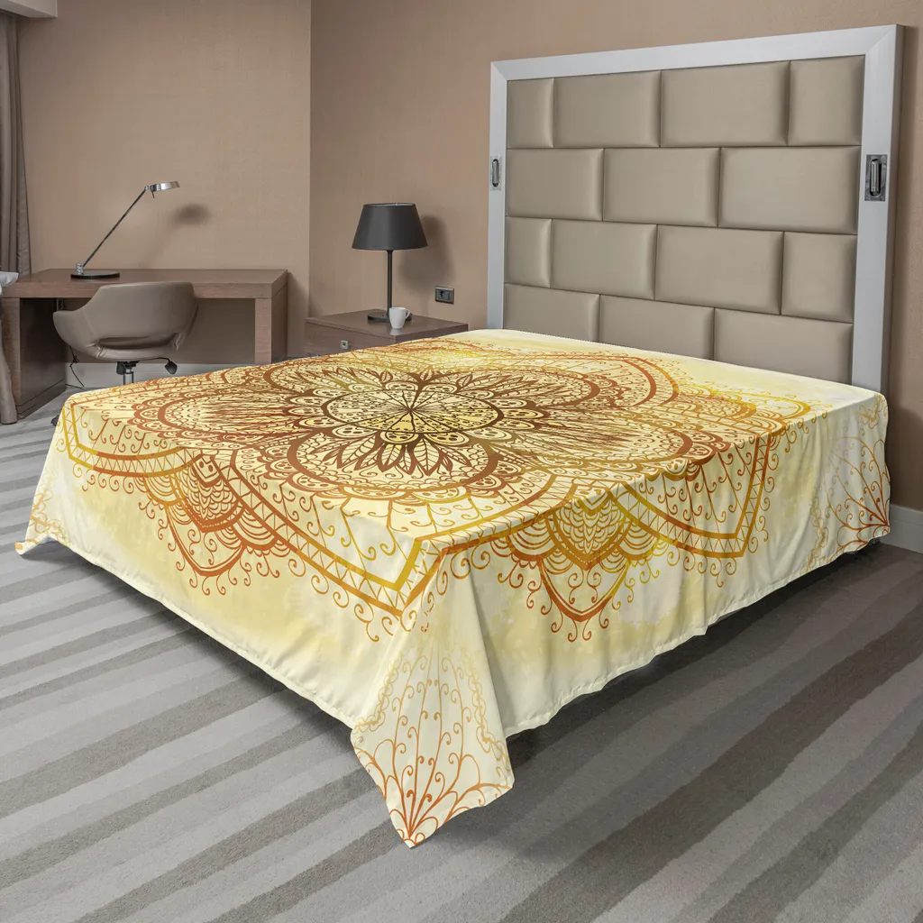 Drap de Lit Plat Mandala sans Plis pour Grand Lit 275x260 Orange Jaune