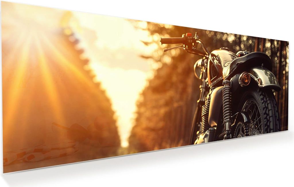 Glasbild 100x40cm in XXL für Wohnzimmer, Schlafzimmer Motiv Motorradsonne